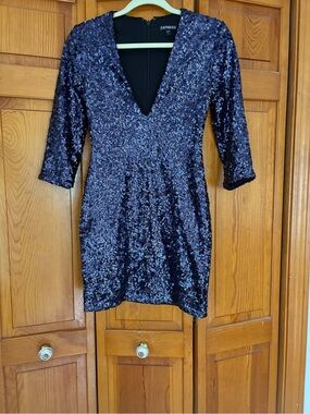 Express Navy Sequin Deep V Mini Dress